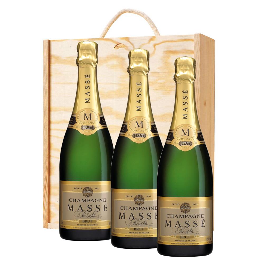 3 x Masse Brut Champagne 75cl In A Pine Wooden Gift Box